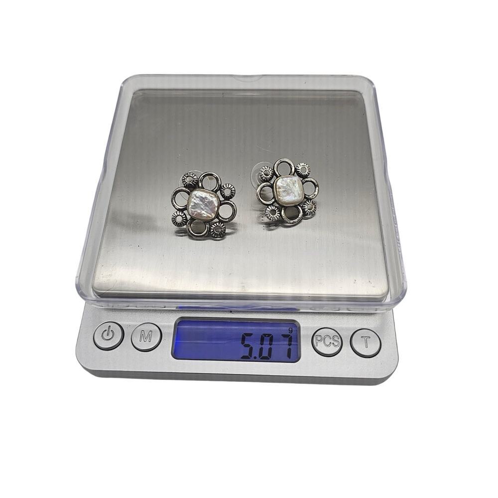 Vintage Sterling Silver and Mother of Pearl Cabochon CFJ 925 Pierced Earrings - Picture 3 of 4